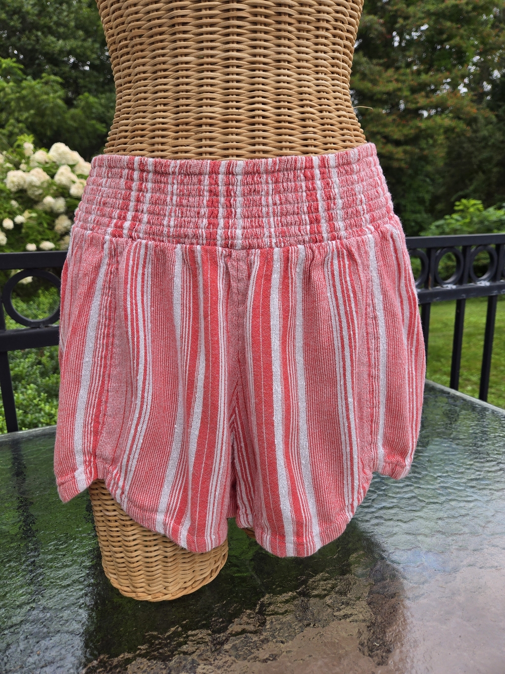 Billabong Pink and White Striped High-Waist Smocked Shorts